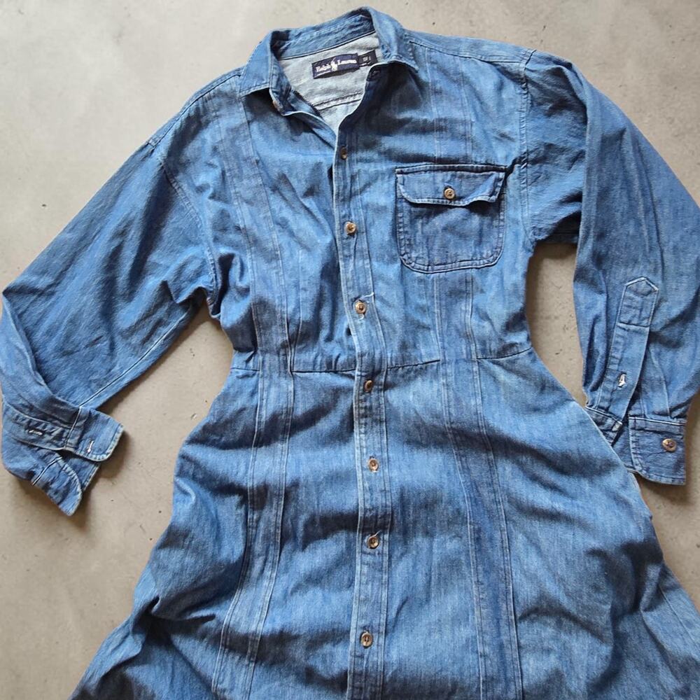 Vintage Ralph Lauren USA Denim Shirt Dress Size 12 Cotton Western Prairie Midi - Picture 9 of 10